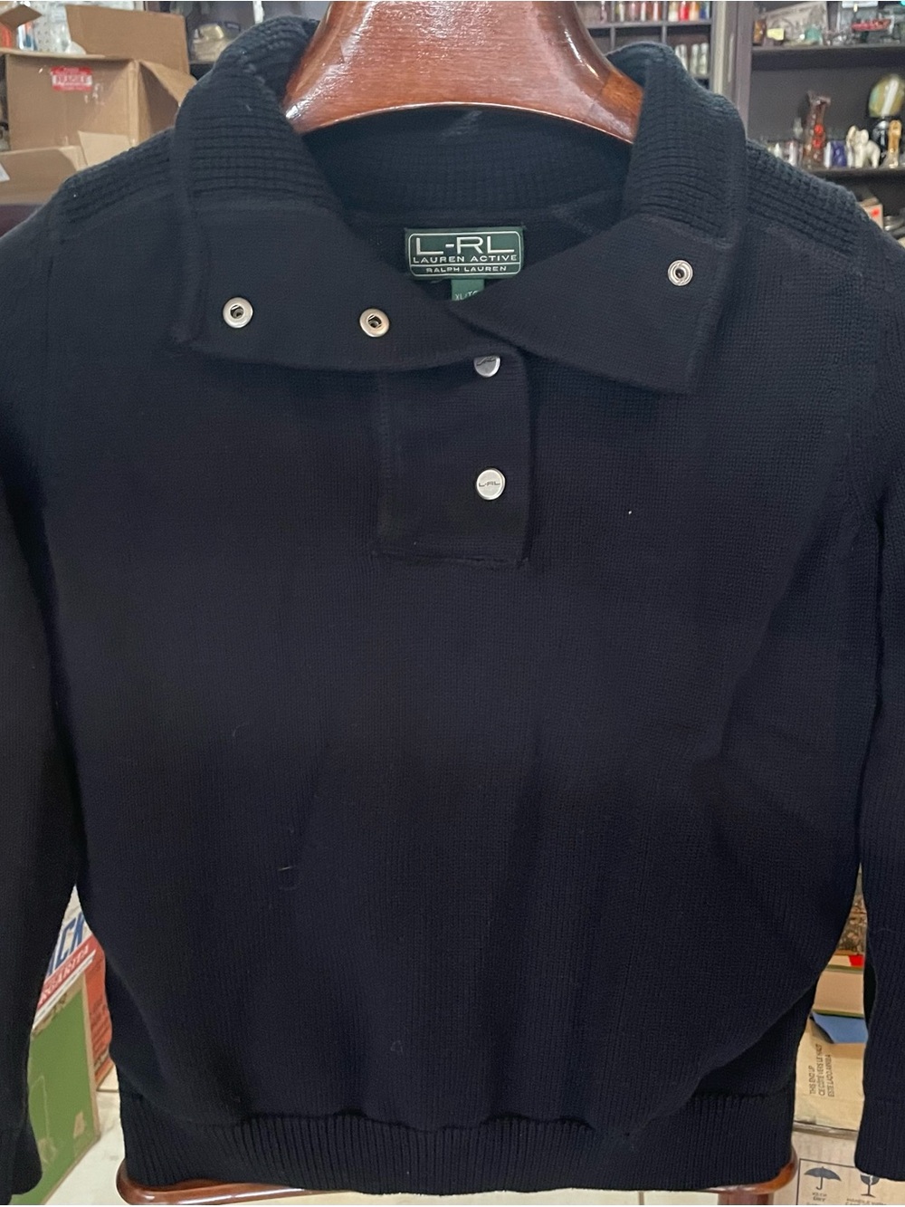 Ralph Lauren Black Snap-Front Funnel Neck Sweater